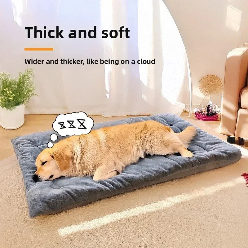 Dog lying on a thick and soft pet bed with text highlighting its comfort.